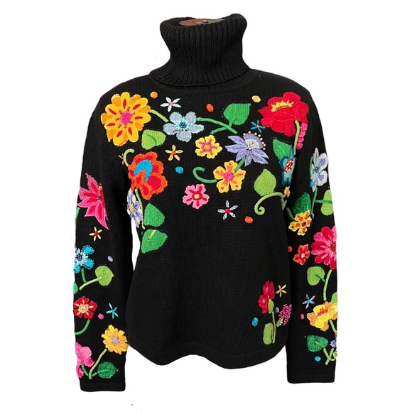 NWT Berek Black Turtleneck with Embroidered Beaded Flowers // Size Small - Picture 2 of 7